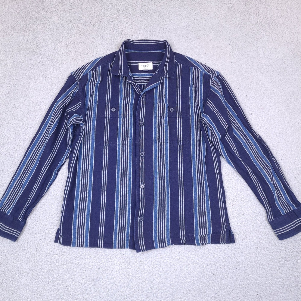 American Eagle Button Up Shirt Womens Medium Blue Striped Super Soft Thick‎